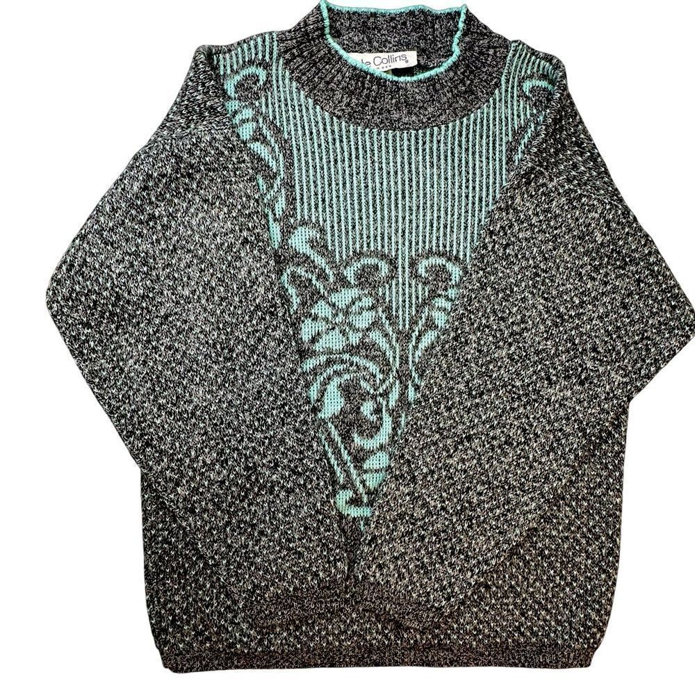 KATE COLLINS Vintage Gray Blue Floral Long Crewneck Sweater Women’s Size Small